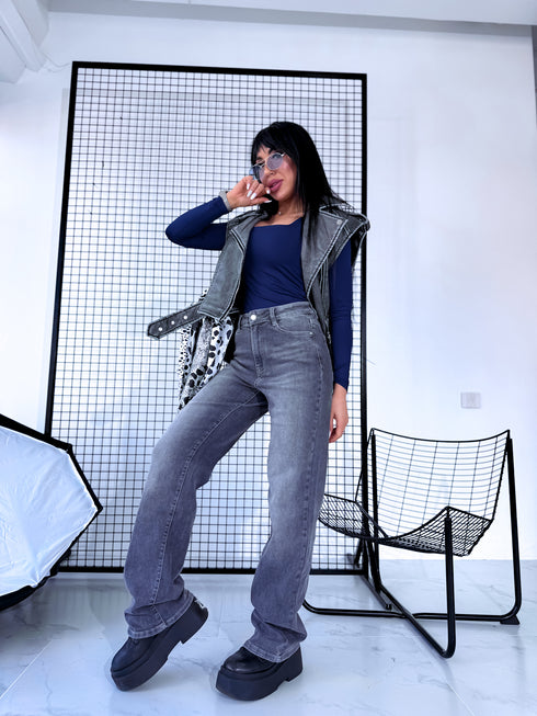Dark blue, basic PUSH-UP top with square neckline
